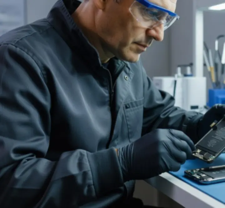 Szakember akkumulátor diagnosztikát végez egy okostelefonon