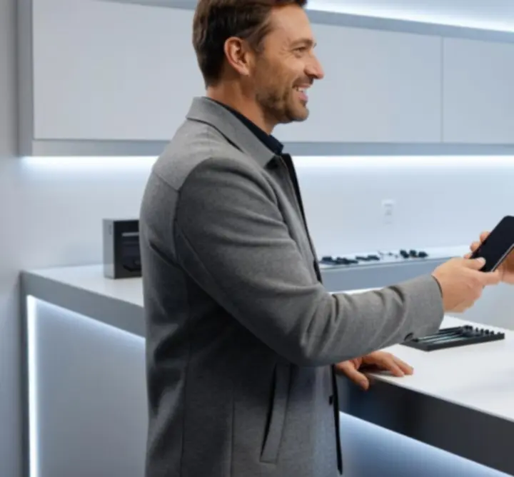 Elégedett ügyfél mobiltelefonját veszi át a szervizben