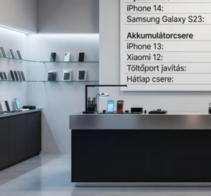 Árlista tábla a WAFFLE ADVERTISING LTD szervizben, jól látható díjakkal