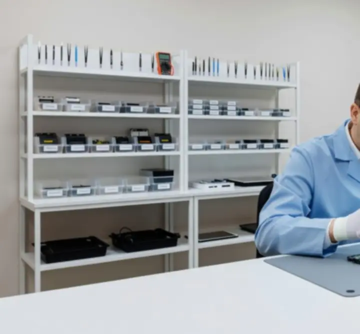 WAFFLE ADVERTISING LTD szerelőasztal, ahol szakértő technikus mobiltelefont javít