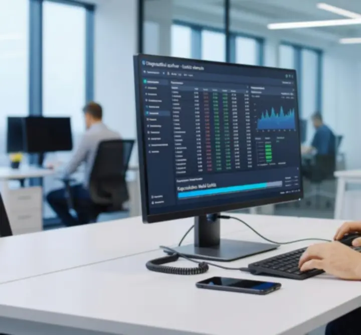 Szoftveres diagnosztikát végző szakember egy okostelefon beállításait vizsgálja