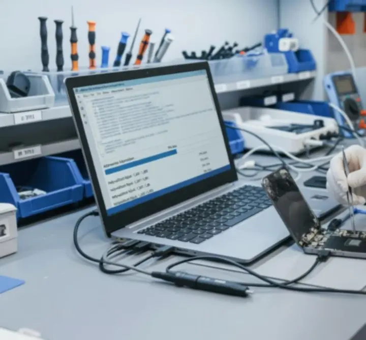 Szerviztechnikus adatmentést végez egy okostelefonon a WAFFLE ADVERTISING LTD műhelyében