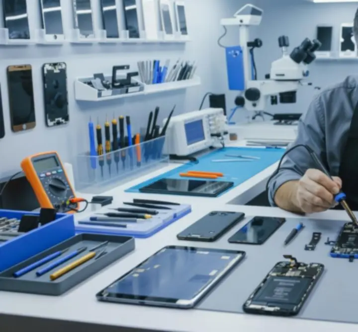 Szerviztechnikus többféle telefonmárkát javít az asztalon